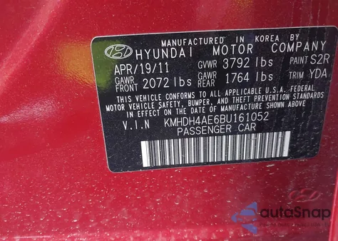 2011 Hyundai Elantra Gls (Ulsan Plant) из США, поврежденный, VIN KMHDH4AE6BU161052